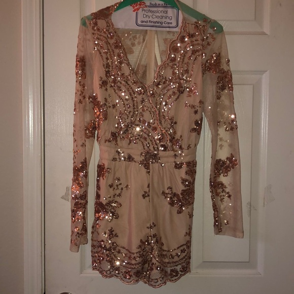 Fashion Nova Pants - Tan/rose gold sequence romper